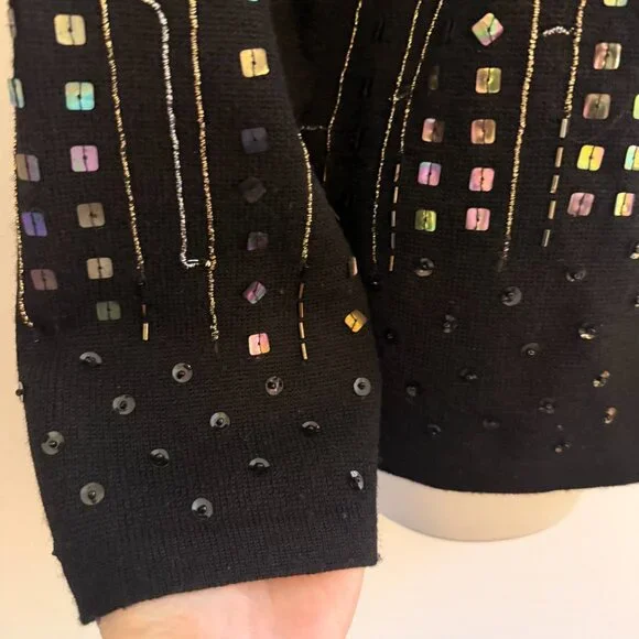 Vintage Y2K 2000 Beaded NYE Fireworks NYC City Skyline Merino Wool Cardigan XL - Picture 10 of 12